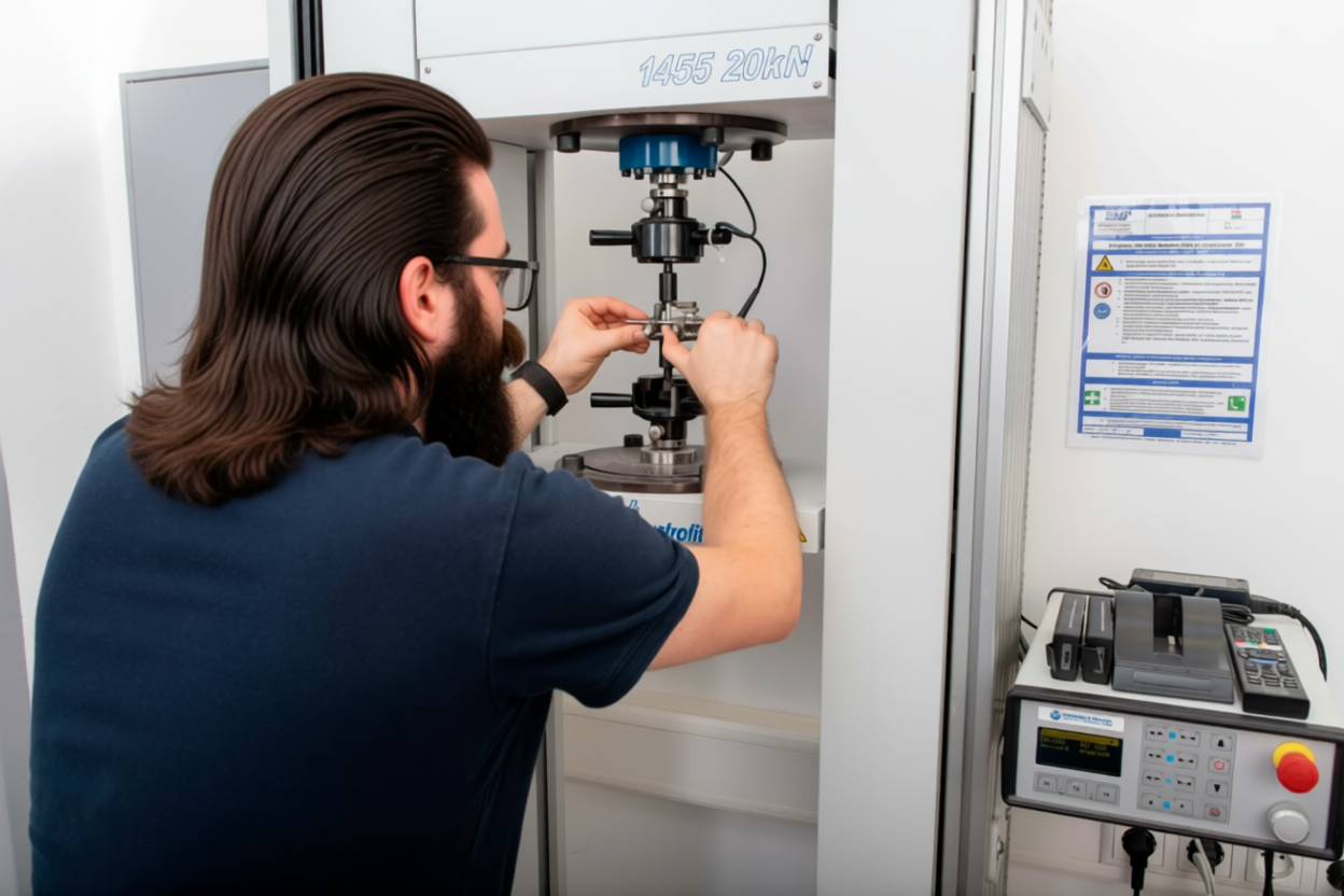 SMP employee clamping a material sample into the tensile testing machine